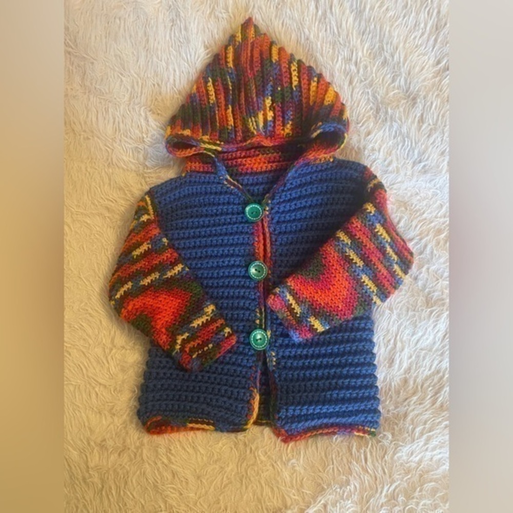 Hand Crocheted Toddler Hooded‎ Sweater Blue Rainbow Kidcore Heirloom Adorable